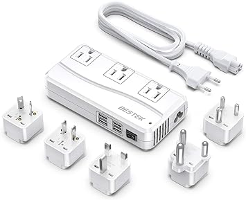 BESTEK International Power Adapter 250W, 220V to 110V Step Down Travel Voltage Converter with 4-Port USB Including US/AU/EU/UK//India/South Africa Plug Adapter (White)