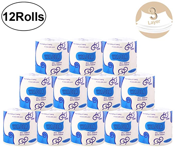 12 Rolls Toilet Paper 3 Layers Soft Strong Toilet Tissue Cotton Roll Paper Household Towel Tissue Toilet Paper for Home Kitchen Cafe Shop Restaurant Washroom Office