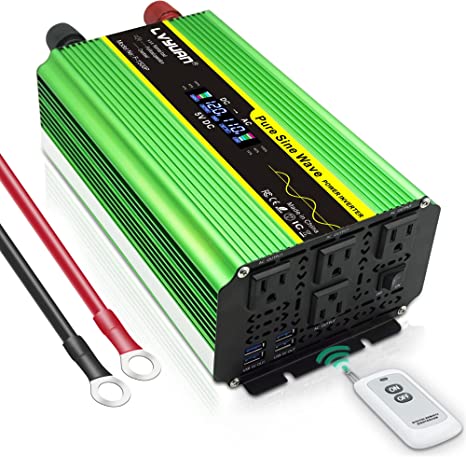 LVYUAN Pure Sine Wave Inverter 1600 Watts Inverter 12V to 110V DC to AC with Remote Controller, LCD Display 4 AC Sockets and 4 USB Ports