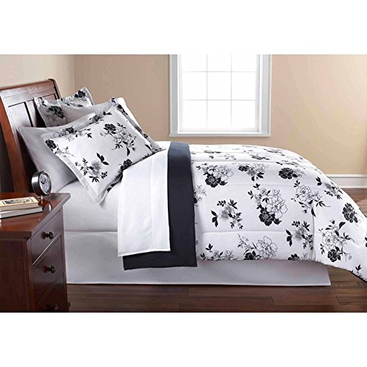 Mainstay 8 Piece OPP Floral Bed in Bag Comforter Set, Black/White, King