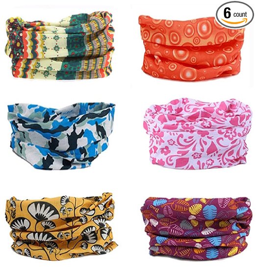 SmilerSmile 6pcs Assorted Seamless Outdoor Sport Bandanna Headwrap Scarf Wrap, 12 in 1 High Elastic Magic Headband & Collars Muffler Scarf Face Mask with UV Resistance