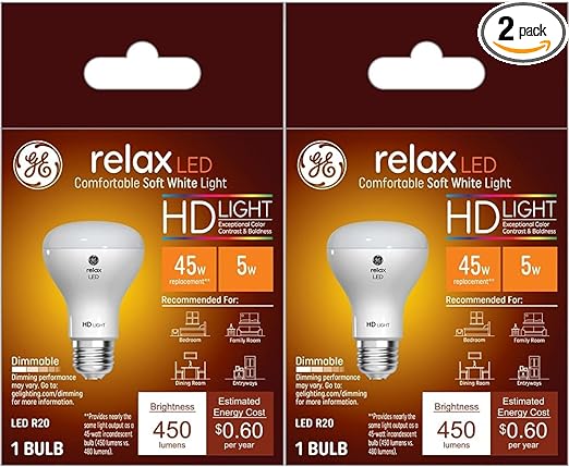 GE Lighting Relax LED Light Bulb, 45 Watt Eqv, Soft White HD Light, BR30 Indoor Floodlight Bulb, Medium Base (Pack of 2)