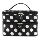 DuaFire Cosmetic Bag Double Layer Dot Pattern Travel Toiletry Bag Organizer With Mirror Black