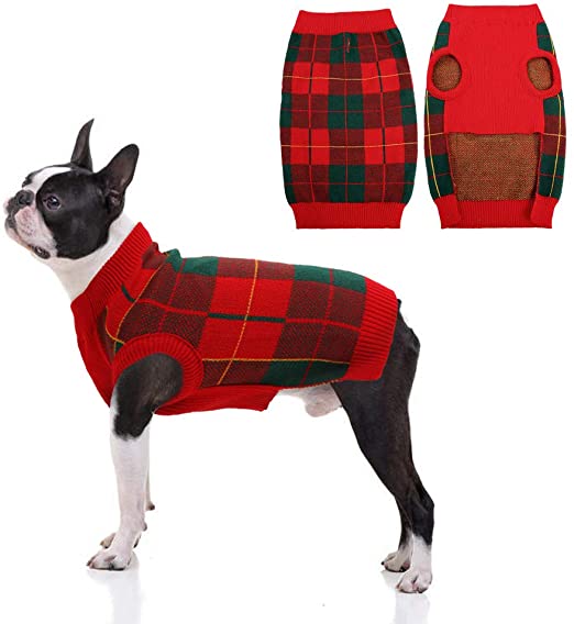 IDOMIK Dog Sweater for Small Medium Dogs Pup Plaid Knitwear Turtleneck Pullover Coat Cold Weather Knitting Jacket with Leash Hole Puppy Warm Knitted Vest Pet Clothes Apparel for Autumn/Fall & Winter