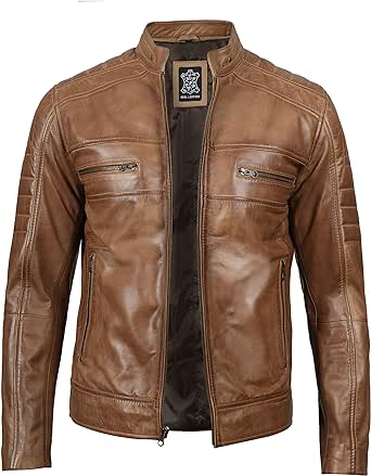 fjackets Cafe Racer Leather Jacket Men - Real Lambskin Leather Biker Motorcycle Jackets For Mens