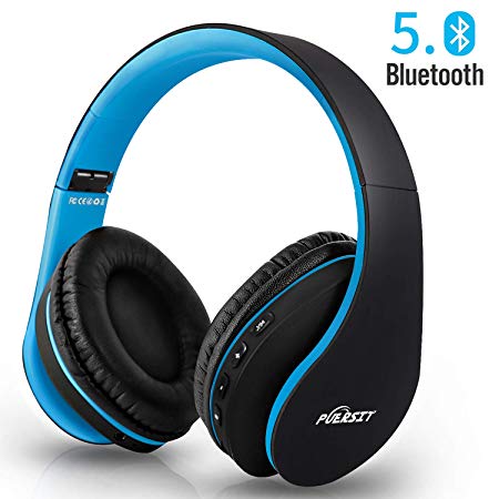 Wireless Bluetooth Headphones Over Ear, Puersit Hi-Fi Stereo Headset with Deep Bass, Foldable and Lightweight, Wired and Wireless Modes Built in Mic for iPhone Samsung TV PC Laptop (Black-Blue)