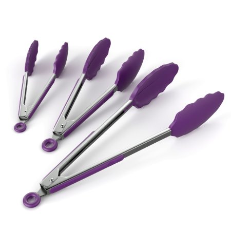 ChefStir Kitchen Tongs, Non-Stick Silicone, Heavy Duty, Stainless Steel, Set of 3 - 7, 9,12 Inch, Best Kitchen Collection for Cooking, Grilling or Barbecue - (Purple)