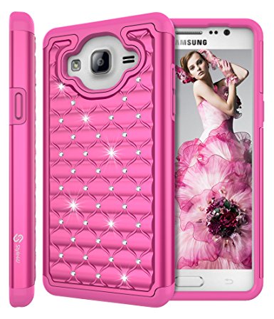 Galaxy On5 Case, Style4U Studded Rhinestone Crystal Bling Hybrid Armor Case Cover for Samsung Galaxy On5 G550 with 1 Style4U Stylus [Hot Pink / Hot Pink]
