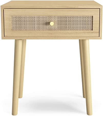 Vremi Nightstand Side Table – Natural Handmade Rattan Design Night Stands for Bedroom with Single Hand Drawer, Gold Metal Handle, Solid Wood Legs and Anti-Slip Pads – 1 Pack