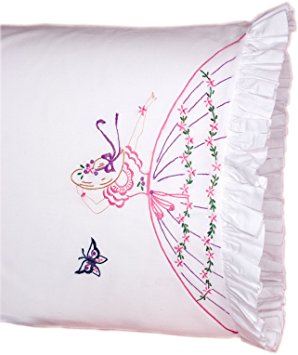 Fairway Needlecraft 82525 Vintage Ruffled Edge Pillowcases, Butterfly Lady Design, Standard Size, White