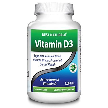 Best Naturals, Vitamin D3 1000 IU, 240 Softgels (GMO-free, Preservative-free, USP Grade Natural Vitamin D)