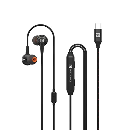 Portronics Ear 100 in-Ear Wired Earphone with Karaoke Mic. USB Type C Jack, 7.1 Surround Sound, 1.3 M Nylon Braided Cable(Black)