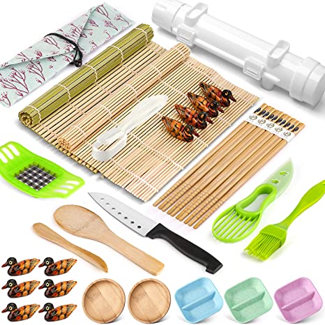 Sushi Making Kit, 28 Pcs Sushi Bazooka Maker with Bamboo Rolling Mat, Chopsticks, Paddle, Spreader, Dipping Plate for Sushi Lovers Beginners, DIY Sushi Roller Machine