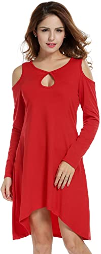 ACEVOG Women's Cold Shoulder Long Sleeve Irregular Hem Tunic Dress Loose Fit T-Shirt Swing Dress