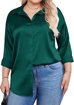 IN'VOLAND Womens Plus Size Satin Silk Blouse Button Down Shirts Casual Long Sleeve Office Work Tunic Tops