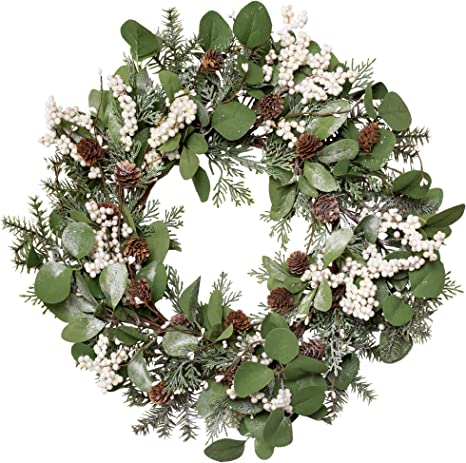 Skrantun 20 Inch Christmas Wreath Winter Wreath for Front Door White Berry Wreath with Pine Branches and Pine Cone Christmas Decorations with Artificial Snow