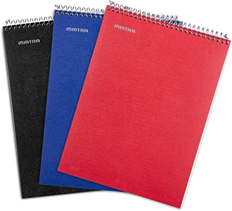 Mintra Office Top Bound Durable Spiral Notebooks - (Black, Blue, Red, College Ruled) 3 Pack - Strong Back, Left-Handed, 100 Sheets, Moisture Resistant Cover, School, Office, Business, Professional