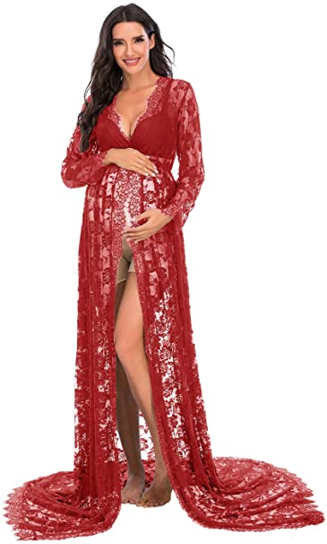 ZIUMUDY Maternity Deep V-Neck Split Front See-Through Maxi Lace Dress for Photography with Long Sleeve