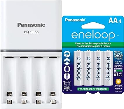 Panasonic eneloop Individual Battery 3 Hour Quick Charger with 4 LED Charge Indicator Lights, White & BK-3MCCA4BA Eneloop AA 2100 Cycle Ni-MH Pre-Charged Rechargeable Batteries (Pack 4) - BK3MCCA4BF