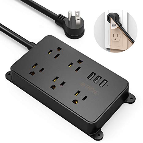 TROND Power Strip with 3 USB Ports, 5 Widely-Spaced Outlets, Flat Wall Plug, 5-Foot Heavy-Duty Extension Cord, for Home Bedside Office Accessories