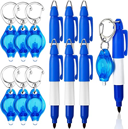 12 Pieces Mini Flashlight Keychain Permanent Marker Keychain for Badge Set LED Key Ring Light Bullet Tip Fine Point Markers (Blue)