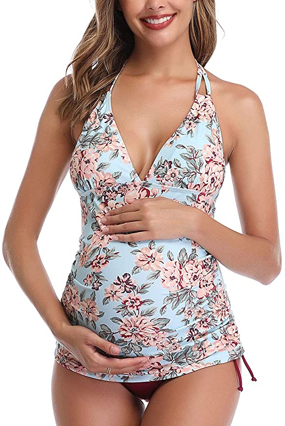 Women Halter Maternity Tankini Swimsuit Floral Pregnancy Plus Size Swimwear