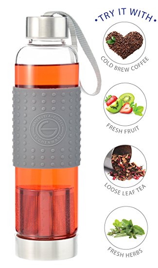 GROSCHE Marino 550ml/18.6oz Water and Tea Travel Infuser, Glass and Stainless Steel Sport Water Bottle with Infuser; Tea Tumbler , Cold Brew Coffee Maker, and Water Bottle