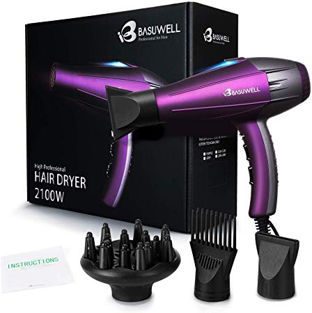 2100 Watt Powerful Professional Hair Dryer, Negative Ionic Ceramic & Far Infrared Heat Hairdryer , Low Noise Blow Dryer with Diffuser & Comb Attachments - Purple