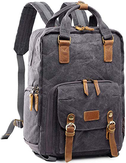 S-ZONE Waterproof Anti-Shock Waxed Canvas SLR DSLR Camera Backpack Large Capacity Camera Case Bag 14 inch Laptop and Tripod Travel Bag Professional Camera Lens (Grey)