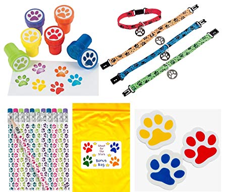 Paw Print Birthday Party Favor Bundle Pack Animal Lover (12 Stampers, 12 Pencils, 12 Erasers, 12 Puppy Dog Collar Bracelets & Bonus Bag) by Multiple