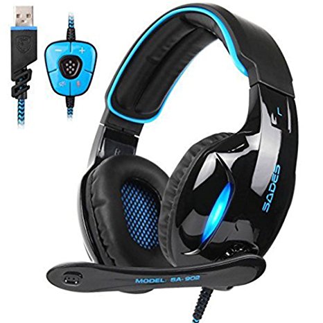 Sades SA902 Wired USB 7.1 Channel Surround Stereo Sound Gaming Headset, PC Over Ear Headphones with Microphone Noise Canceling Volume Control and LED Light (Black/Blue)