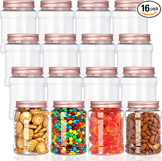 Fasmov 16 Pack 16 Ounce Clear Plastic Jars Containers with Rose Gold Lids, Round Empty Plastic Slime Storage Containers for Kitchen & Household Storage - BPA Free