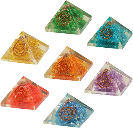 Crocon Seven Chakra Onyx Orgone Pyramid | Set of 7 | feng Shui | Chakra Balancing | Crystal Energy Generator | Reiki Healing | Spiritual | Good Luck | Paperweight | Home Office Decor | Size: 20-25 mm