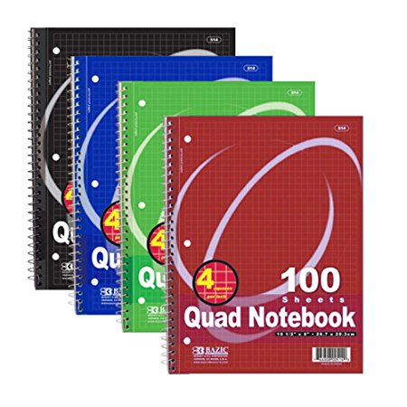 BAZIC Quad-Ruled Spiral Notebook 100 Count, Assorted colors (10 1/2 inches x 8 inches)