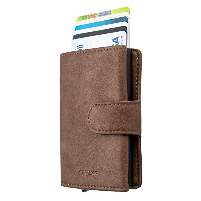 LUNGEAR Credit Card Holder Leather Slim Wallet RFID Blocking Pop Up Aluminum Card Case with Banknote for Men and Women