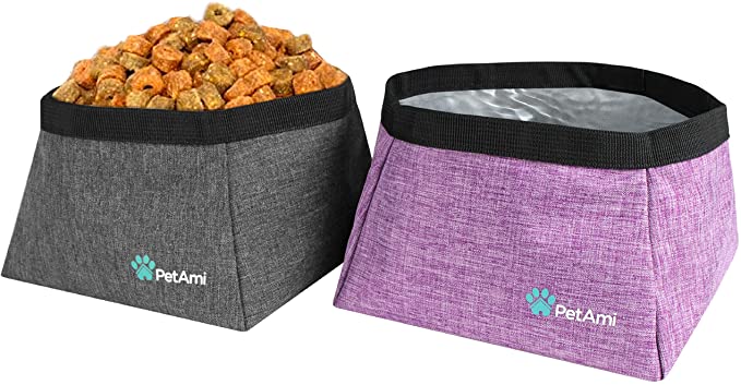 PetAmi Collapsible Dog Travel Bowls, Large Lightweight Foldable Bowl, Water Food Bowls for Pets Dogs for Hiking, Camping, Backpacking, Kibble, 2 Pack (Purple, Grey)
