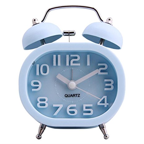 HENSE Creative Colorful Design Non-ticking Mute Silent Quartz Movement Twin Bell Alarm Clock With Nightlight HA16 (Blue)