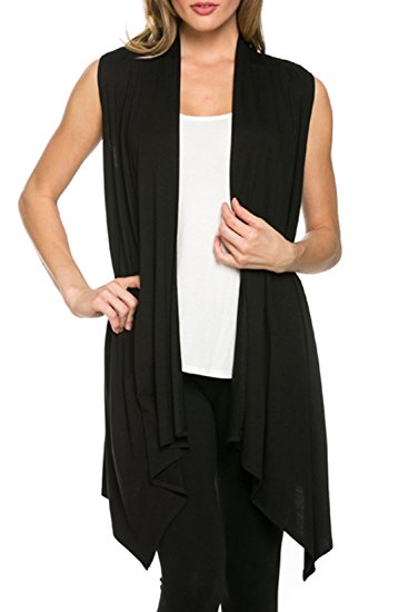 Women's Solid Color Sleeveless Asymetric Hem Open Front Cardigan -Made in USA