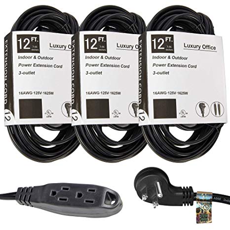3 Way Power Splitter and 12' Extension Cord, 3 Pack With Angled Plug - 1 to 3 Cable Strip With 3 Pronged Outlets and Long Y Style Wire – Black - SJT 16 AWG – By Luxury Office