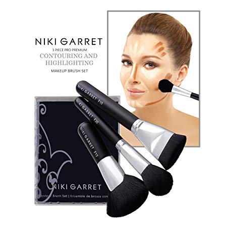 Niki Garret 3 Piece Premium Pro Contouring and Highlighting Makeup Brush Set Includes Flat Head Contour, Multipurpose Highlight and Foundation Makeup Brushes – Cruelty Free