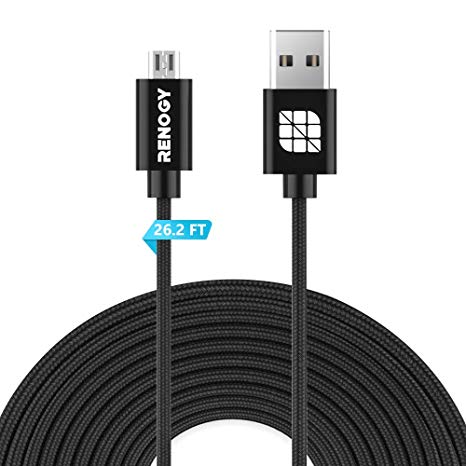 Renogy 26.2ft Power Extension Cable Nylon for WyzeCam, Wyze Cam Pan, Yi Camera, NestCam Indoor, Netvue, Furbo Dog, Amazon Cloud Cam, USB to Micro USB Charging Cord for Security Cam with Wire Clips