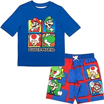 Nintendo Super Mario Bros Boys Swim Wear Rash Guard Set Super Mario 2 Piece Set Boys Swimsuit Boys Rash Guard Boy Swim Trunks