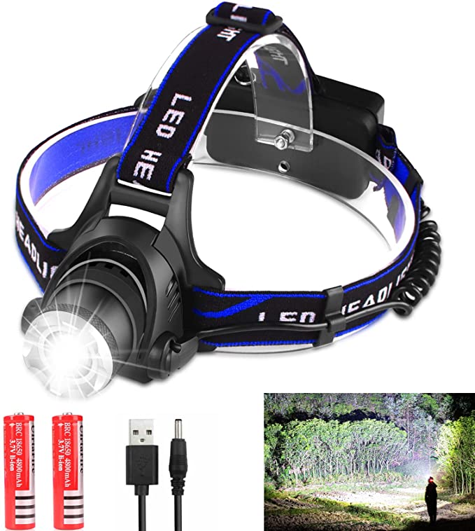 LED Headlamp USB Rechargeable Headlight, Super Bright 8000 High Lumens with 3 Modes, Batteries Included, Zoomable, Waterproof Headlight Flashlights Headlamps for Camping Hunting Running Fishing Biking