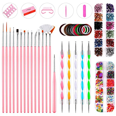 BicycleStore Nail Art Kit, Professional 3D DIY Decoration Manicure Supplies Set with 15Pcs Painting Brushes 5 Dotting Tools 2 Boxes Rhinestones 10 Striping Tapes Nail File, Sequins for Girls Women