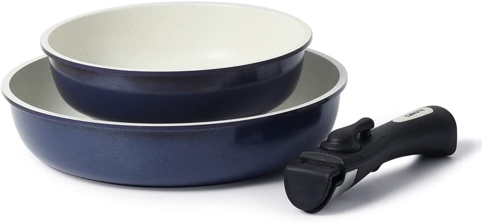 CAROTE Nonstick Frying Pan Sets, Granite Non Stick Pots and Pans Set with Removable Handle Cookware,8" and 10" Cookware Sets, 3 Piece Skillet set,Induction,Oven Safe,Blue