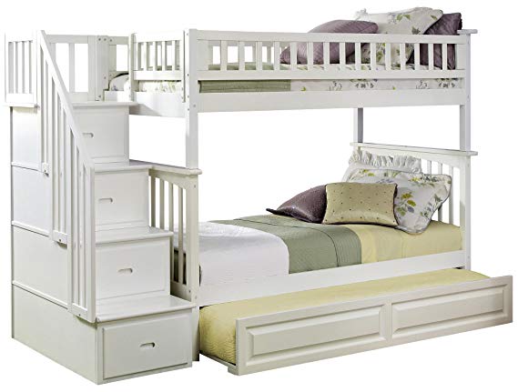 Atlantic Furniture Columbia Staircase Bunk Bed with Trundle Bed, Twin Over Twin, White