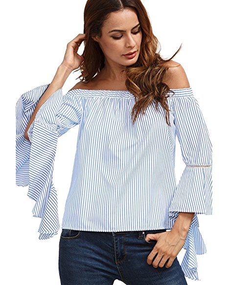 ZANZEA Women's Stripe Long Ruffle Sleeve Off Shoulder Casual Loose Tops Blouse