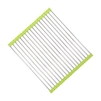 Stainless Steel Roll Up Dish Drying Rack,Leereal Kitchen Foldable Over the Sink Dish Rack Dish Draining Rack,Large Dish Drainer Rack 14.6" x 13.8" for Tableware,Fruits,Vegetables and Cups (Green,S)