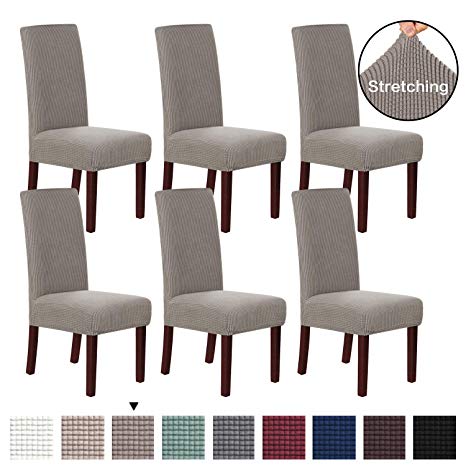 H.VERSAILTEX 6 Pack Stretch Dining Room Chair Slipcovers Sets Stretch Chair Furniture Protector Covers Jacquard Removable Washable Elastic Bottom Chair Cover for Dining Room, Hotel, Ceremony - Taupe