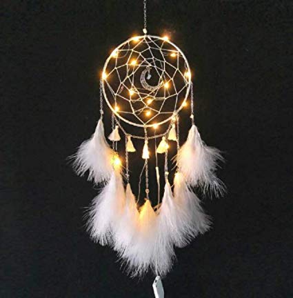 Meticci LED Dream Catcher, LED Dream Catchers, Dream Catcher, Dream Catchers Handmade Traditional Feather Hanging Home Wall Decoration Décor Ornament Craft Native American Style (White)